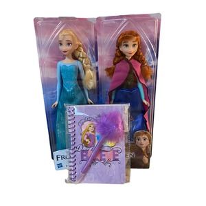 Disney Frozen Elsa and Anna 11 inch dolls with Journal with fuzzy pen NEW
